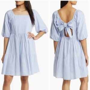 Beachlunchlounge Kylie dress XL Blue & White Striped Tie-Back Puff Sleeve NWT